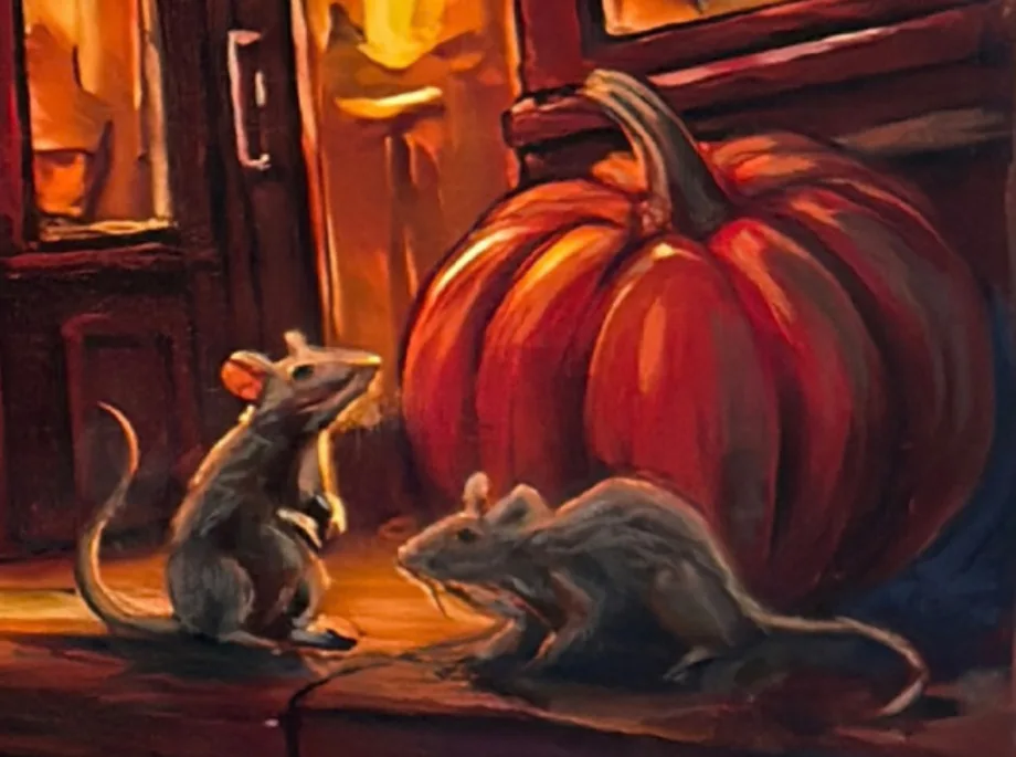 Detail of the poster painting: two rats and a pumpkin on the tavern step
