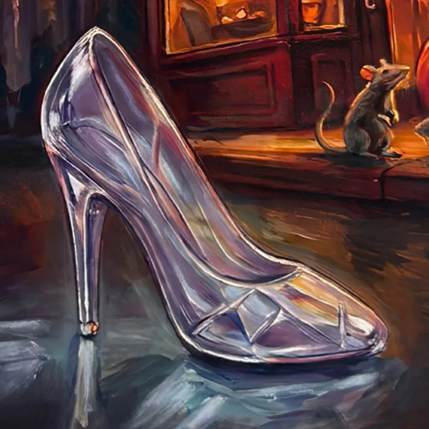 Detail of the poster painting: the glass slipper on wet asphalt